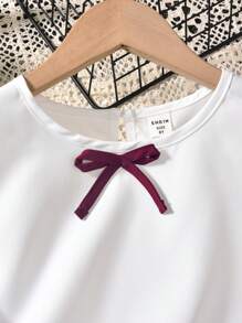 SHEIN Tween Girl Contrast Lace Bow Front Butterfly Sleeve Tee & Wide Leg Pants - Burgundy - View 3