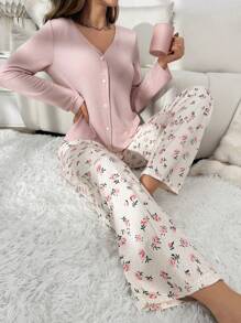 CottageSlumber Bộ đồ ngủ/Pjama cài nút và quần in hoa cho mùa lễ hội, họa tiết hoa rực rỡ, ấm cúng và thanh lịch, trang phục thu đông - Hồng - Xem 3
