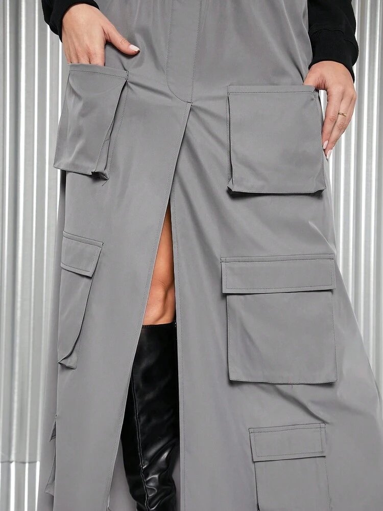 Flap Pocket Split Front Cargo Skirt