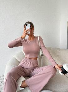 EURMUSE Women's Solid Color Crew Neck Long Sleeve Cropped T-Shirt And Pants Casual 2-Piece Set - Brown - View 1