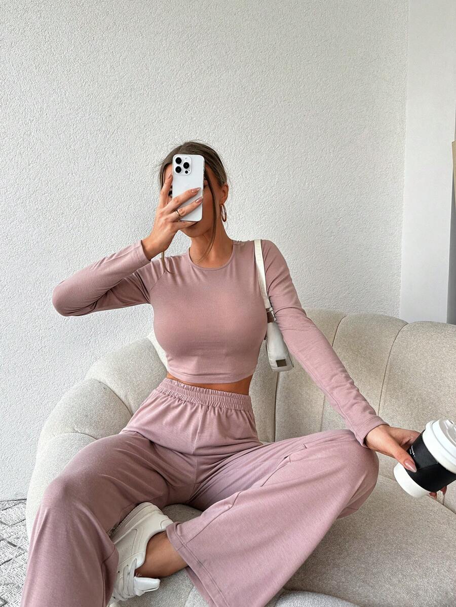 EURMUSE Women's Solid Color Crew Neck Long Sleeve Cropped T-Shirt And Pants Casual 2-Piece Set - Brown - View 1