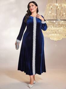 Al Najma Plus Guipure Lace Velvet Dress - Navy Blue - View 6