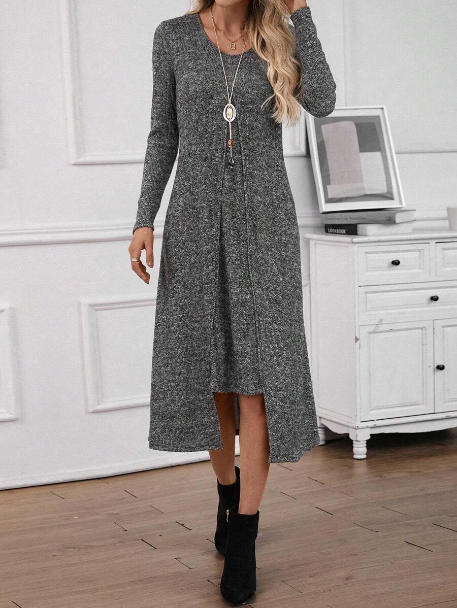 EMERY ROSE 雜色針織不對稱下擺洋裝 - 深灰色 - 查看 1