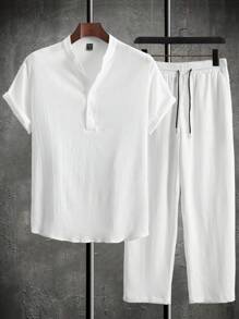 Manfinity Homme 宽松男士纯色短袖半扣衬衫和裤子套装，舒适服装 - 白色 - 查看 6