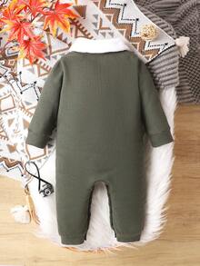 男嬰翻蓋口袋前紐扣拼接領連身褲 - 綠色 - 查看 2