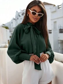 Tie Neck Lantern Sleeve Blouse - Dark Green - View 4
