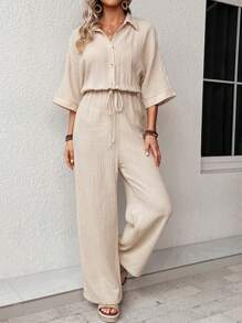 SHEIN VCAY 蝙蝠袖前打結襯衫連體褲 - 卡其色 - 查看 4