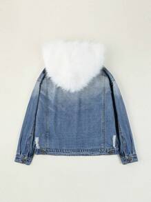 Teen Girl Ripped Fuzzy Trim Hooded Denim Jacket