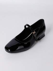Women's Fashion Chunky Heel Patent Leather Pumps, Comfortable Mary Jane Flats, Ladies Black High Heels, Spring Autumn