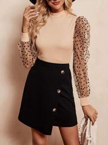 SHEIN Clasi Heart Flocked Mesh Puff Sleeve Top & Button Detail Wrap Asymmetrical Skirt - Multicolor - View 2