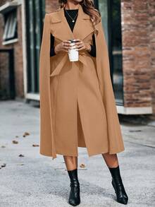 SHEIN Clasi 斗篷袖腰帶花呢外套 - 棕色 - 查看 4