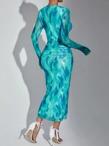 SHEIN Privé Allover Print Ruched Side Bodycon Dress - Blue - View 2