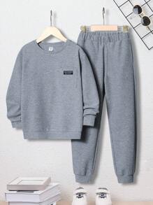 SHEIN 男大童字母補丁細節套頭衫和運動褲 - 灰色 - 查看 1