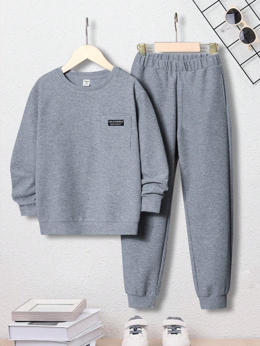 SHEIN 男大童字母補丁細節套頭衫和運動褲 - 灰色 - 查看 1