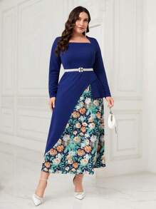 Modelyn Plus Floral Print Square Neck Arabian Dress - Blue - View 3