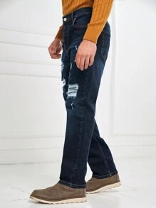 RueChic Men Ripped Straight Leg Jeans - Blue - View 4
