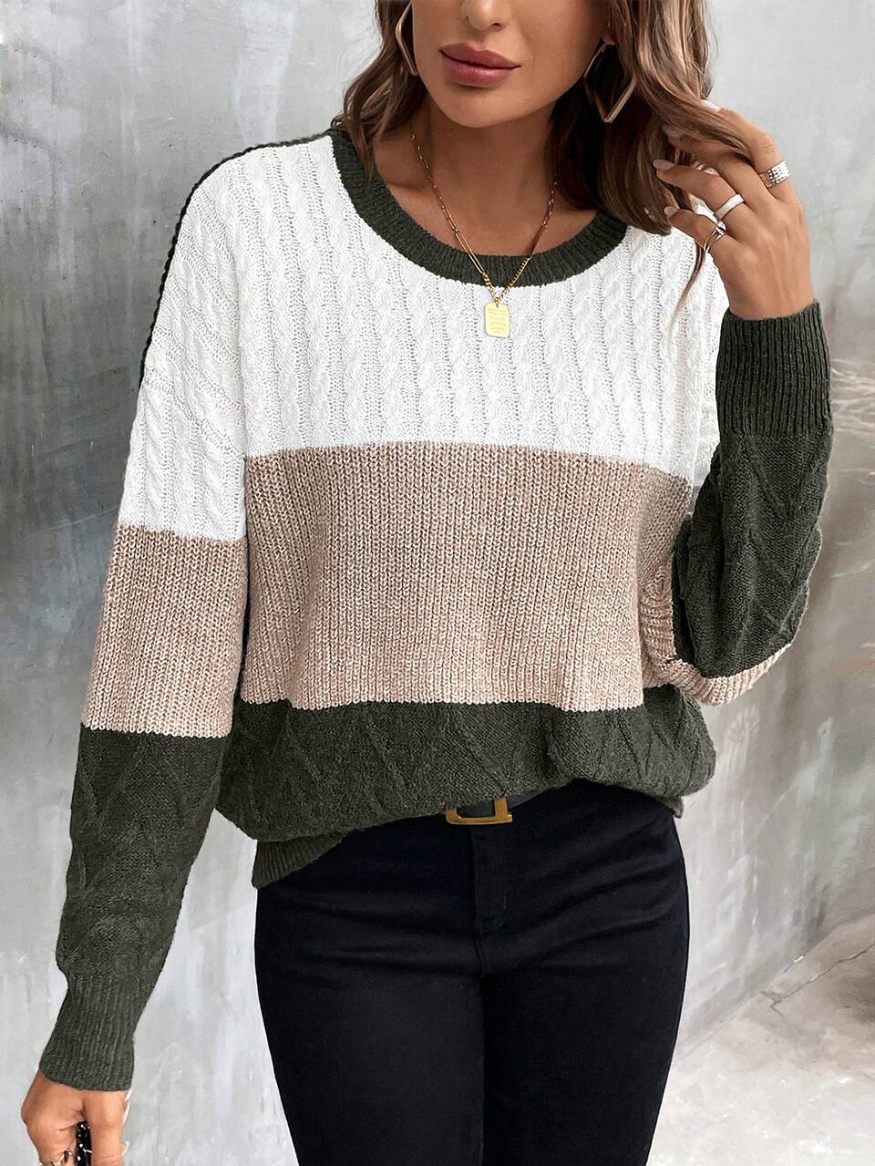 Color Block Drop Shoulder Sweater,Long Sleeve Tops Knit Pullover Fall Winter Sweater