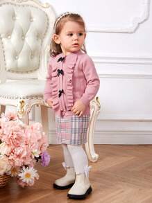 SHEIN 女嬰荷葉邊前蝴蝶結套頭毛衣和格紋圖案針織短裙 - 彩色 - 查看 6