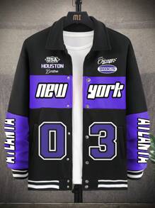 Manfinity LEGND 男士字母圖形彩塊落肩寬鬆夾克 - 紫色 - 查看 2