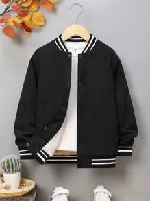SHEIN Tween Boy 1pc Cartoon Graphic Striped Trim Slant Pockets Drop Shoulder Varsity Jacket - Black - View 4
