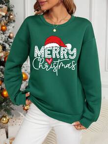 SHEIN LUNE Christmas Print Drop Shoulder Sweatshirt - Dark Green - View 5