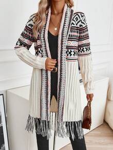 SHEIN LUNE 幾何圖案流蘇下擺落肩袖開襟開衫 - 彩色 - 查看 6