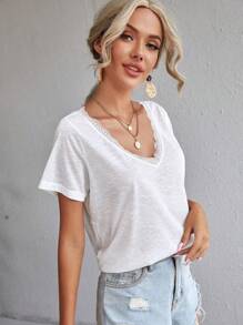 SHEIN Frenchy 蕾絲邊V領T恤 - 白色 - 查看 4