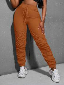 SHEIN Slayr Solid Drawstring Waist Ruched Pants - Burnt Orange - View 4