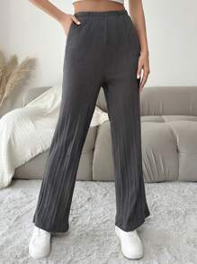 EURMUSE Solid Slant Pocket Straight Leg Pants - Grey - View 5