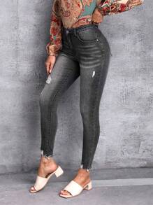 SHEIN LUNE 高腰破洞毛邊緣緊身牛仔褲 - 深灰色 - 查看 5