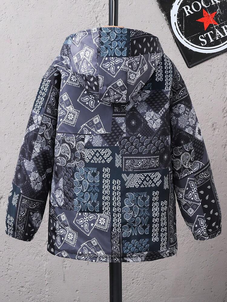 Tween Boy Paisley Scarf Print Zip Up Hooded Padded Coat Without Tee