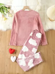 女大童睫毛刺繡法蘭絨上衣&雲朵圖案長褲睡衣套裝