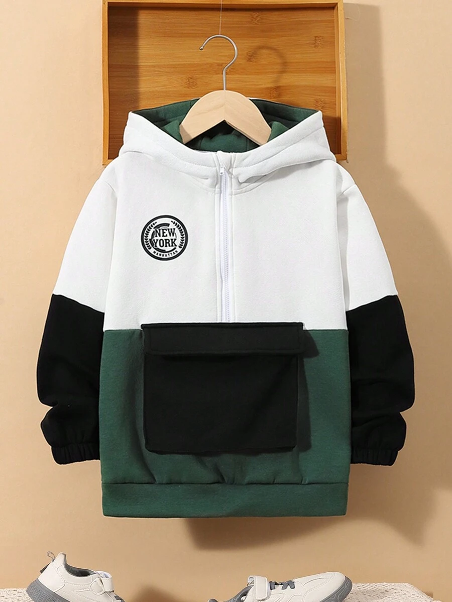 SHEIN Tween Boy Letter Graphic Colorblock Flap Pocket Hooded Active Jacket - Multicolor - View 1