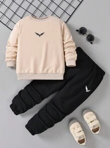 Young Boy Bird Print Sweatshirt & Sweatpants - Khaki - View 1