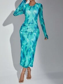 SHEIN Privé Allover Print Ruched Side Bodycon Dress - Blue - View 5
