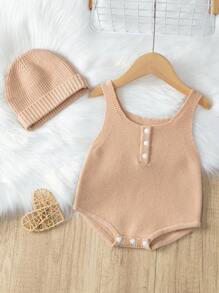 男嬰半排扣套頭毛衣連身背心&帽 - 杏色 - 查看 1