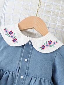 SHEIN Bebeluș Fetiță Broderie Florală Guler Peter Pan Manecă Volanată Tiv Rochie Robo - Albastru - Vizualizare 5