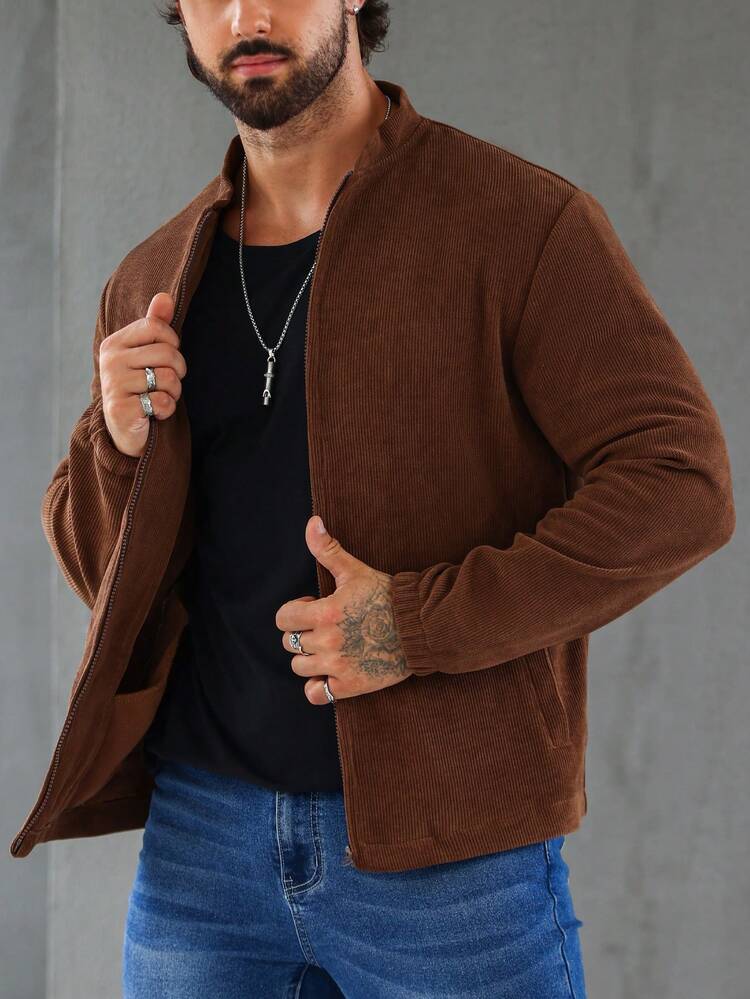 Men Zip Up Corduroy Jacket Without Hoodie