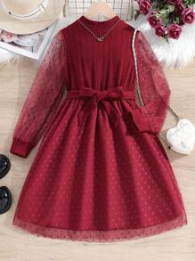 SHEIN Tween Girl Contrast Mesh Mock Neck Belted Dress - Red - View 1