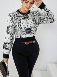 SHEIN Unity Plus Graphic Pattern Contrast Trim Sweater Knit Pullover Fall Winter Sweater - Black - View 5