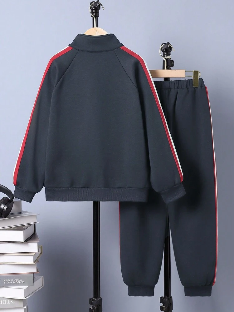 2pcs Tween Boys' Casual Printed Pattern Spliced Ribbed Collar Zip-Up Jacket And Side Seam Ribbed Sweatpants Set, Fleece, Thickened