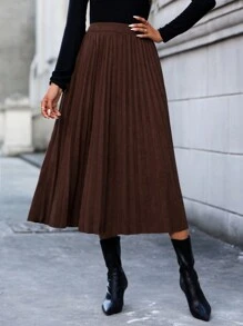 SHEIN Essnce 素色百褶半身裙 - 咖啡棕 - 查看 1