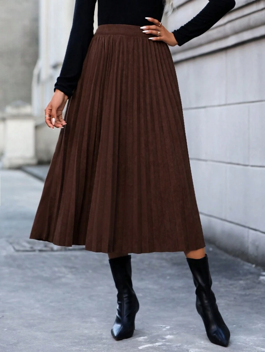 SHEIN Essnce 素色百褶半身裙 - 咖啡棕 - 查看 1