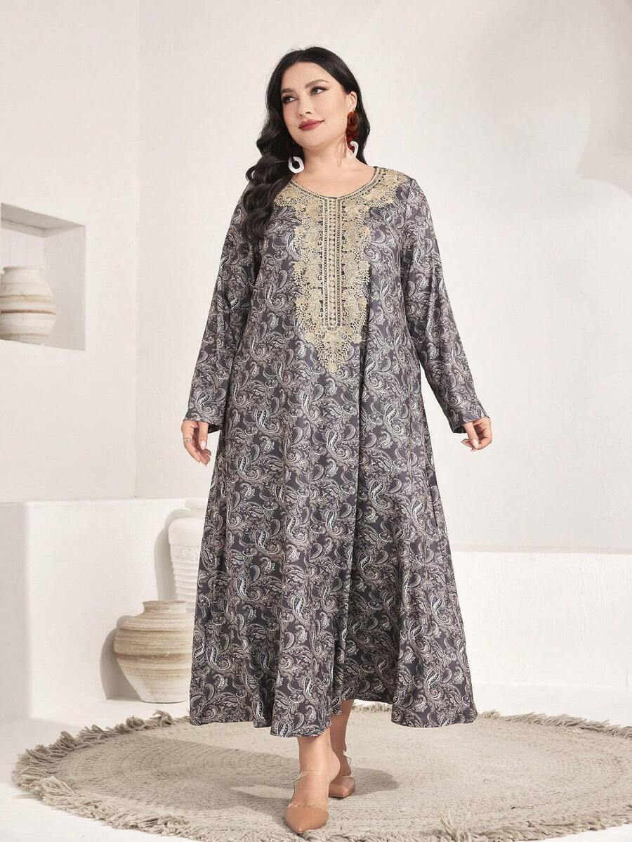 Al Najma Plus Paisley Print Contrast Lace Dress - Multicolor - View 1
