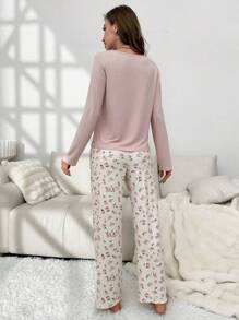 CottageSlumber Bộ đồ ngủ/Pjama cài nút và quần in hoa cho mùa lễ hội, họa tiết hoa rực rỡ, ấm cúng và thanh lịch, trang phục thu đông - Hồng - Xem 2
