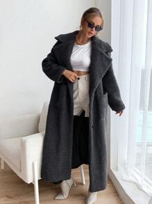 Chiquease Lapel Neck Dual Pocket Teddy Coat - Dark Grey - View 7