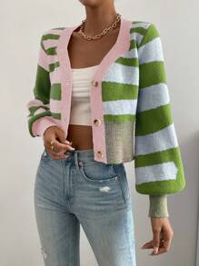 SHEIN LUNE Cárdigan de color combinado de manga farol