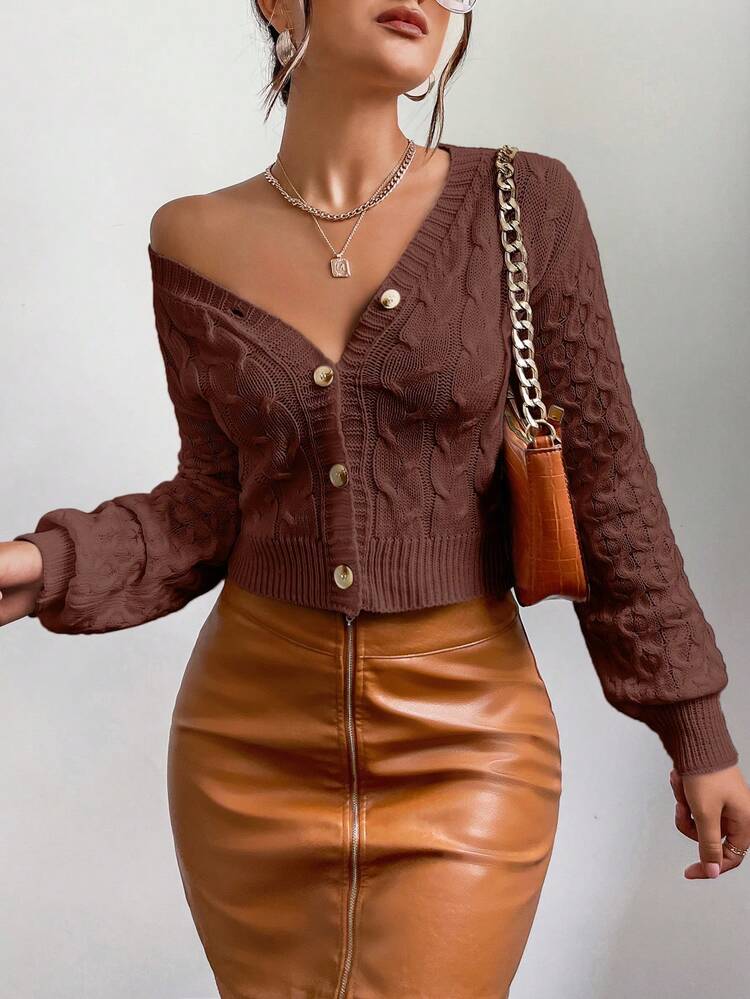 Cable Knit Lantern Sleeve Button Front Crop Cardigan,Long Sleeve Tops Fall Winter Cloth For Women