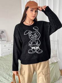 Flirla Plus Cartoon Pattern Drop Shoulder Sweater