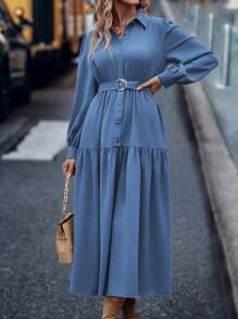 SHEIN LUNE Tay áo lồng đèn Xù Hoa Sen Thắt lưng Váy sơ mi - Màu xanh bụi bặm - Xem 6